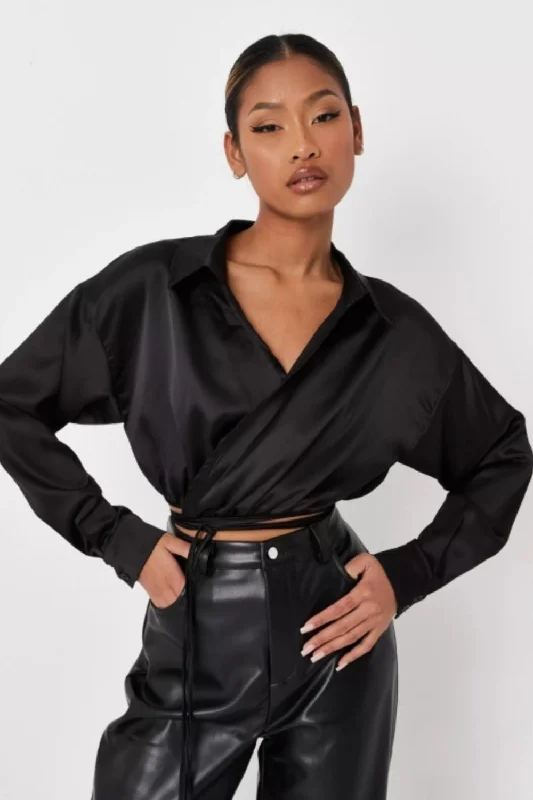 Black Wrap Around Full Sleeve Crop Top Terry Blend Velvet Blend Canvas Blend