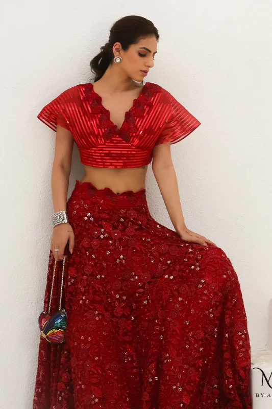 Bela- Scarlet Red Crop Top Lehenga Set Mesh Fabric Canvas Fabric Denim Fabric