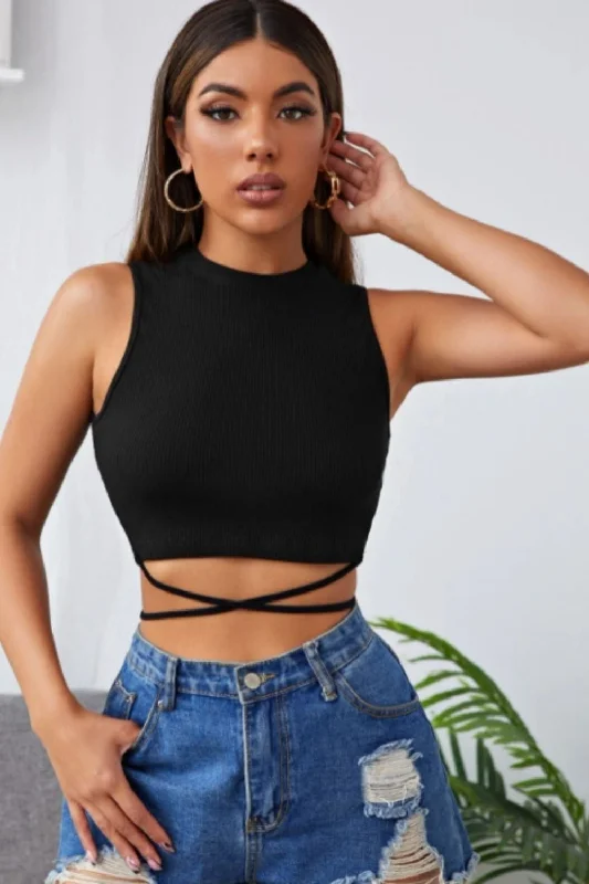 Tie Detail Black Basic Crop Top Zippered Front Buttoned Front Snap Front