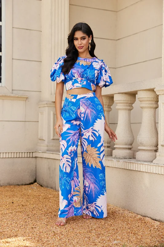 BLUE FLORAL BALLOON SHORT SLEEVES CROP TOP AND WIDE FLARE LEG PANTS SET CS33230 Print Jacquard Patchwork