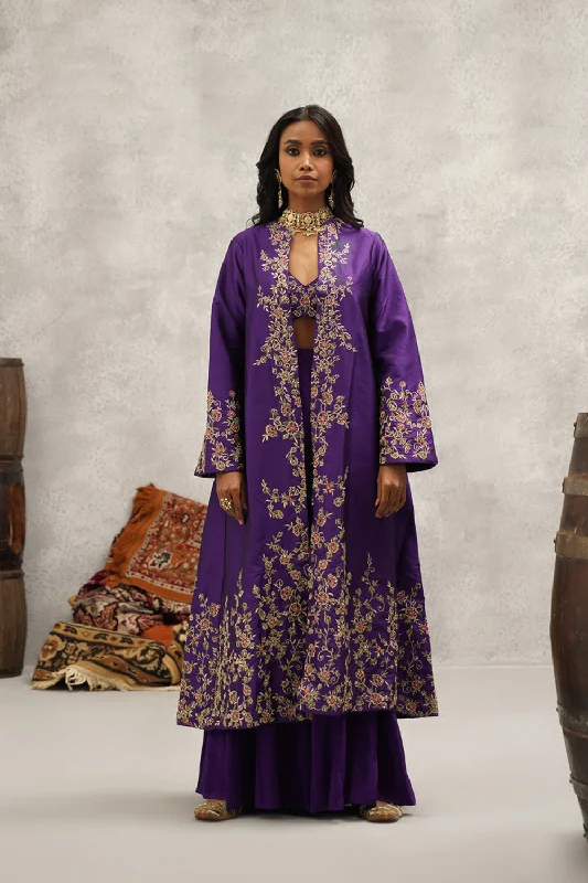 Purple Embroidered Jacket, Crop Top And Sharara Set Anti-Pilling Machine Wash Handmade