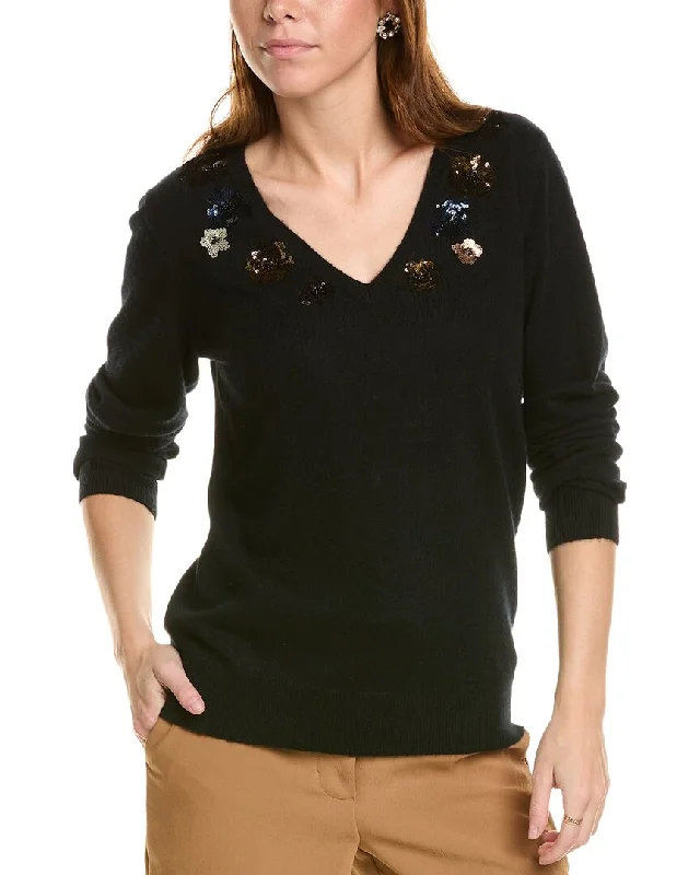 Sofiacashmere Sequin Embellished V-Neck Cashmere Sweater Transparent Opaque Sheer