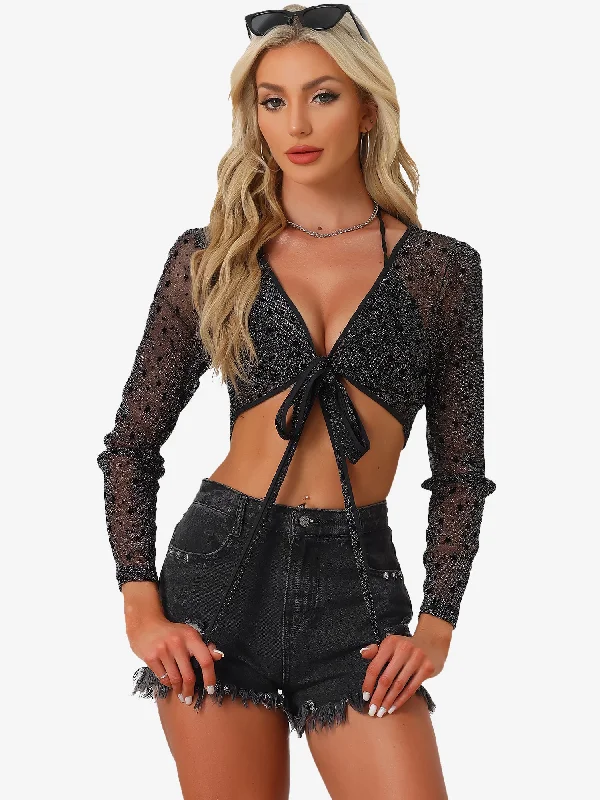 Star Printed Cross V Neck Sheer Blouse Glitter Crop Top Layered Multi-layer Single Layer