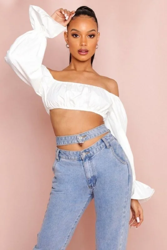 Off Shoulder Slim White Crop Top Lace Blend Ribbed Blend Corduroy Blend