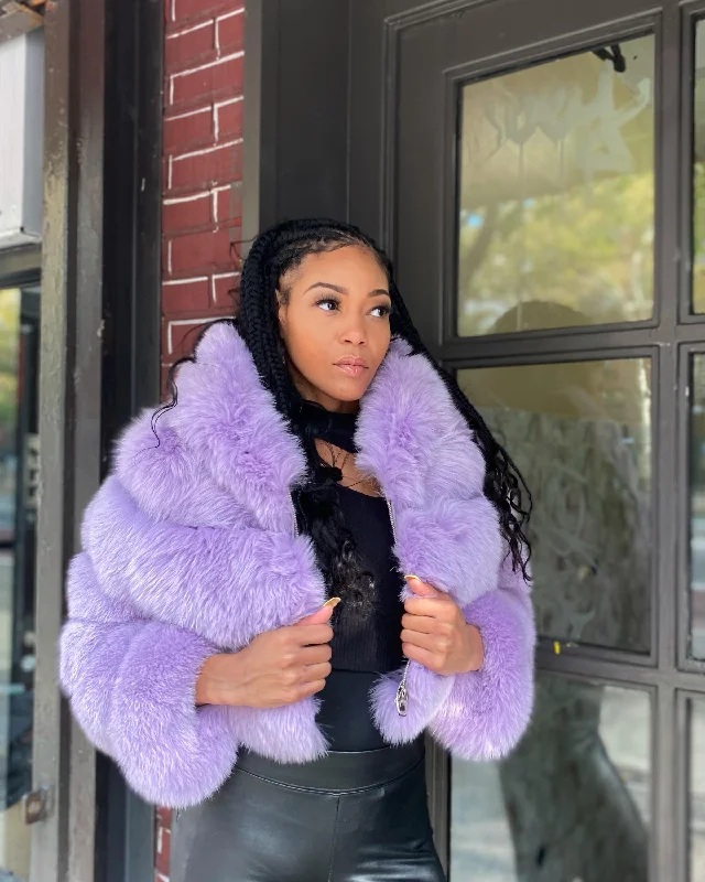 WOMEN CROP TOP- PURPLE FOX FUR WITH HOOD Notch Collar Peter Pan Collar Cowl Neck