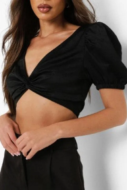 Black Twist Detail Crop Top Spandex Blend Rayon Blend Denim Blend