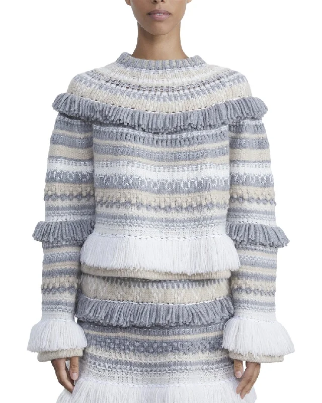 Lafayette 148 New York Fair Isle Fringe Wool Sweater Welt Pockets Slit Pockets Flap Pockets