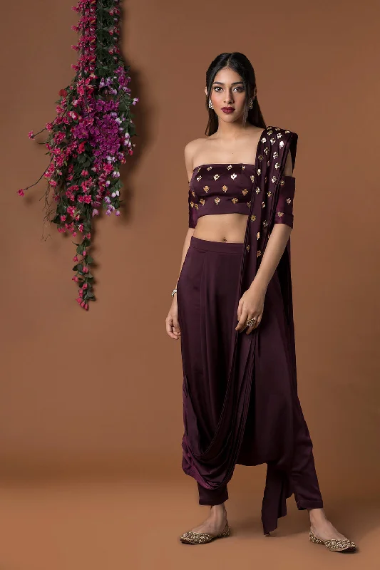 Wine Crop Top With Low Crotch Dhoti Sari Spandex Blend Rayon Blend Denim Blend