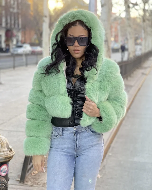 WOMEN CROP TOP- GREEN FOX FUR WITH HOOD Print Jacquard Patchwork