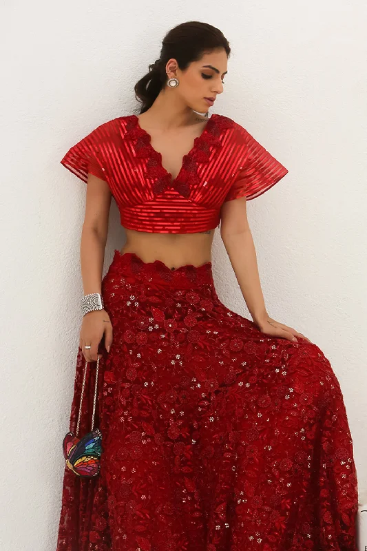 Bela -  Scarlet Red Crop Top Lehenga Set Ribbed Crop Top High Neck Heavyweight