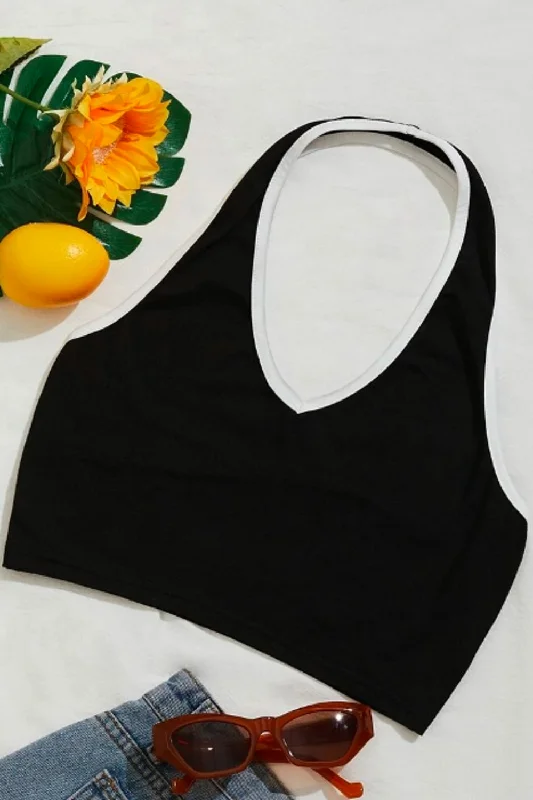 Black Halter Neck Crop Top Casual Formal Business