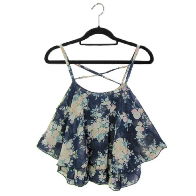 Sexy Crop Tank Top Print Chiffon Sleeveless Women Camis Cropped Ladies Spaghetti Strap Flower Floral Blouse Fashion Summer flowy tank top