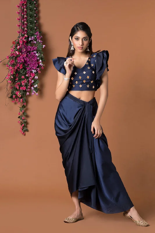 Blue Crop Top With Draped Skirt Lace Blend Ribbed Blend Corduroy Blend