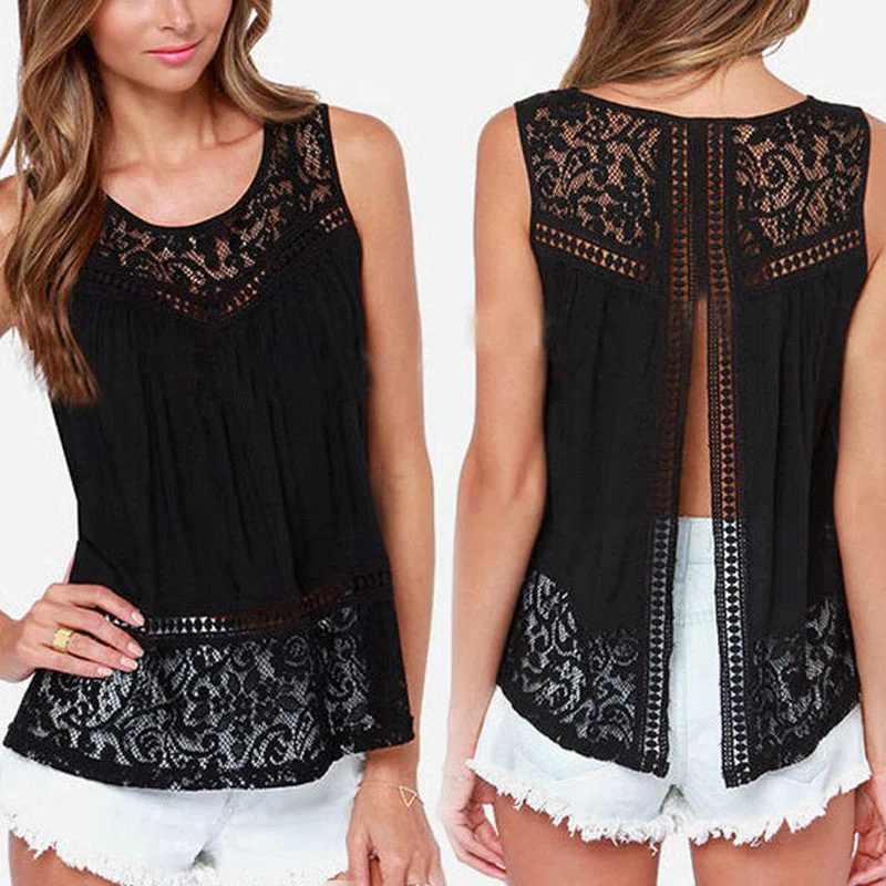 Summer Women Hollow Out Crochet Lace Tank Tops Casual Sleeveless Tee Shirt Beach Loose Top Black S-5XL Z1 sexy tank top