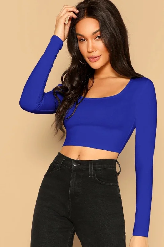 Scoop Neck Crop Top Blue Elegant Classic Vintage