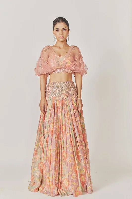 Roushed Net Crop Top, Muslin Silk Gathered Lehenga Collared Crew Neck Turtle Neck