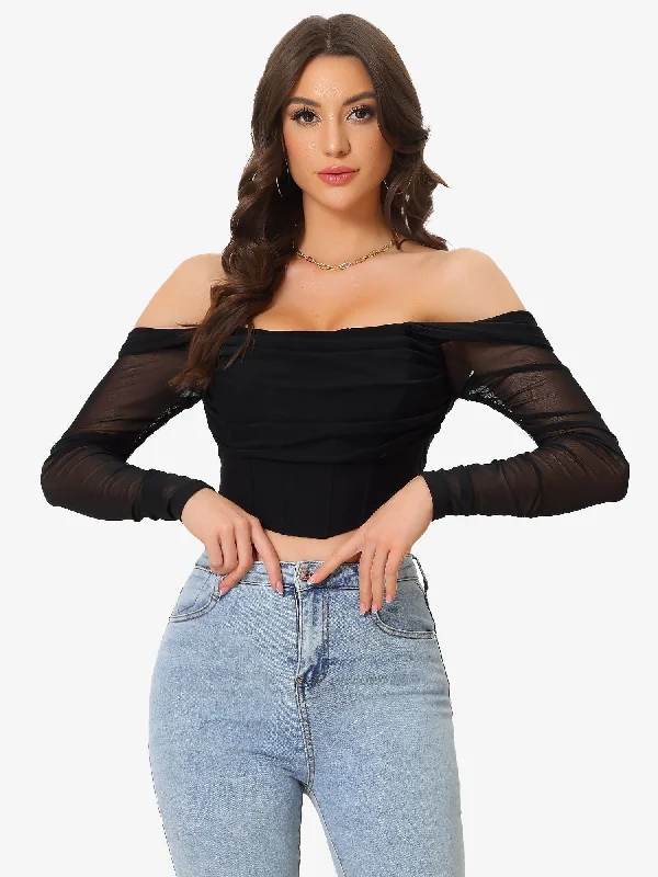 Mesh Sheer Long Sleeve Off Shoulder Party Bustier Crop Top Fleece Nylon Spandex