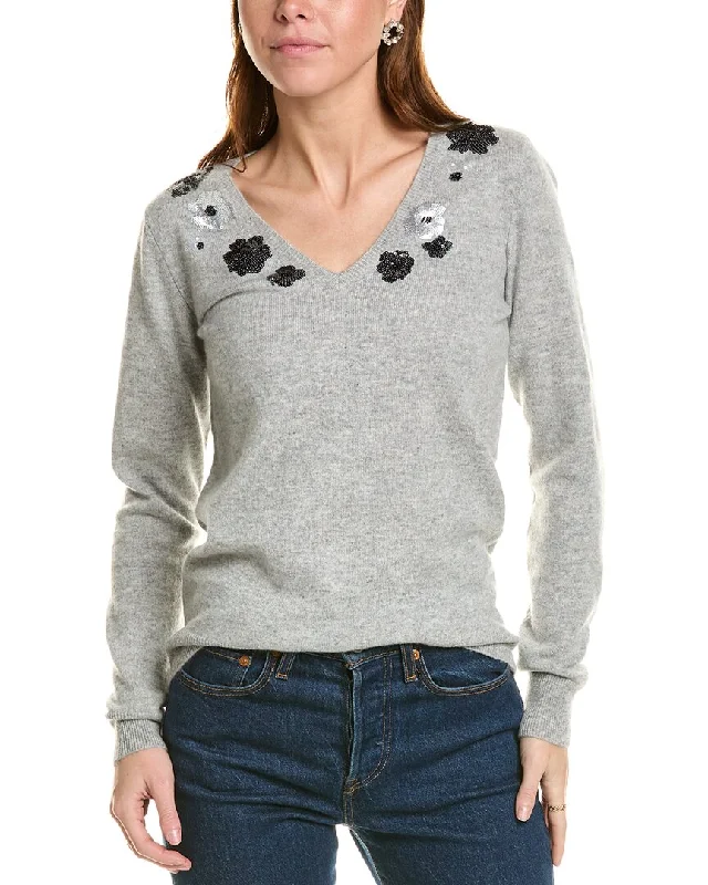 Sofiacashmere Sequin Embellished V-Neck Cashmere Sweater Thin Thick Dense