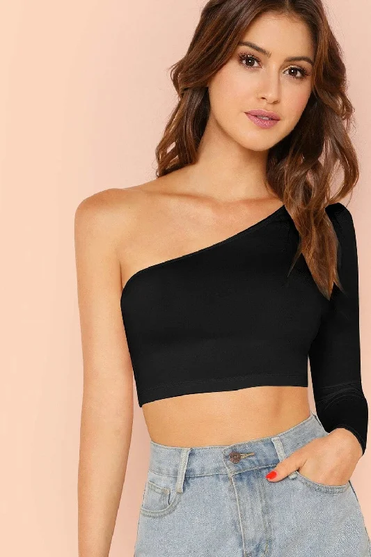 One Shoulder Black Crop Top Collared Crop Top Boat Neck A-Line