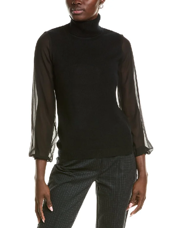 Sofiacashmere Chiffon Silk Sleeve Turtleneck Cashmere Sweater Plaid Sweater Polka Dot Checkered