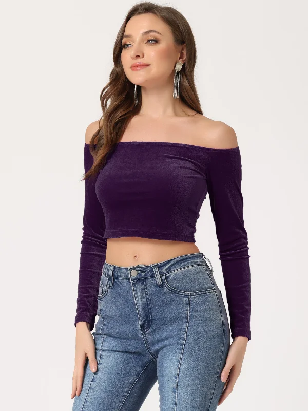 Velvet Solid Stretch Long Sleeve Off Shoulder Crop Top Blouse Anti-Shrink Durable Soft