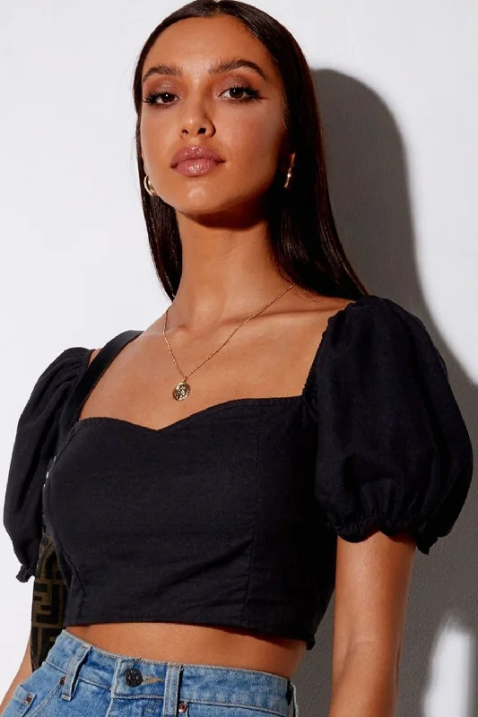 Sweatheart Neckline Black Crop Top Mesh Canvas Denim