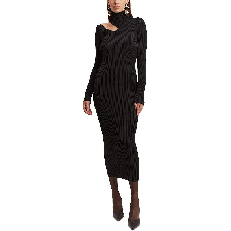 Womens Ribbed Sweater Dress Midi Dress Notch Collar Peter Pan Collar Cowl Neck