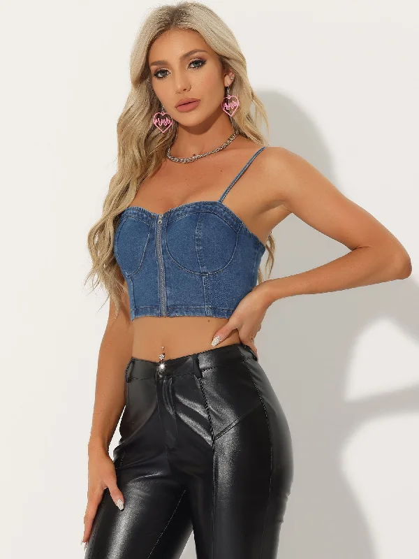 Spaghetti Strap Sleeveless Zip Up Bustier Denim Crop Top Zippered Buttoned Snapped