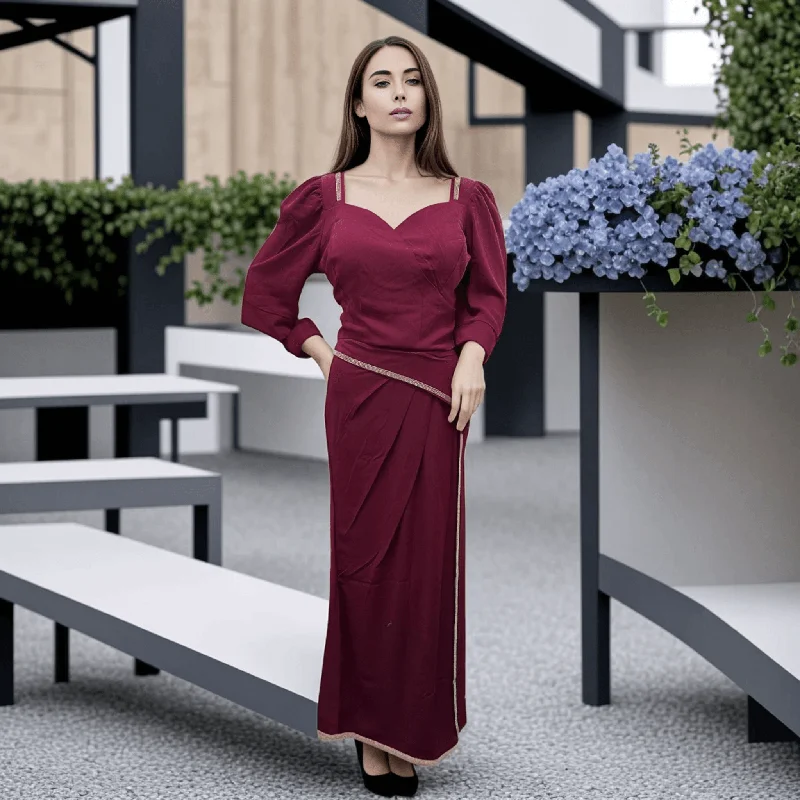 Burgundy Stone Crop Top & Draped Skirt Set: 2-Piece Indo-Western Ensemble Chenille Blend Fleece Blend Nylon Blend