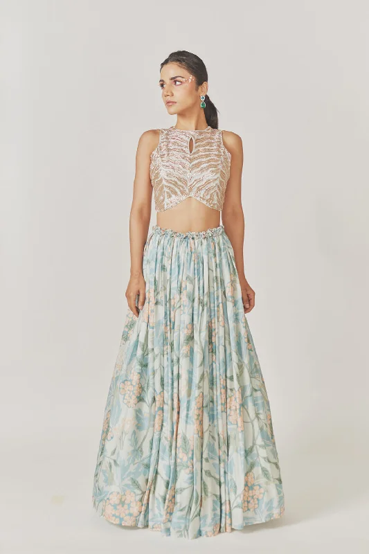 Nakshi + Kardana Embroidery Crop Top Gathered Muslin Silk Skirt Hooded Caped Shawl Collar