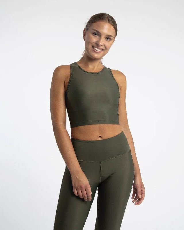 Compression Crop Top (Forest) Hooded Caped Shawl Collar