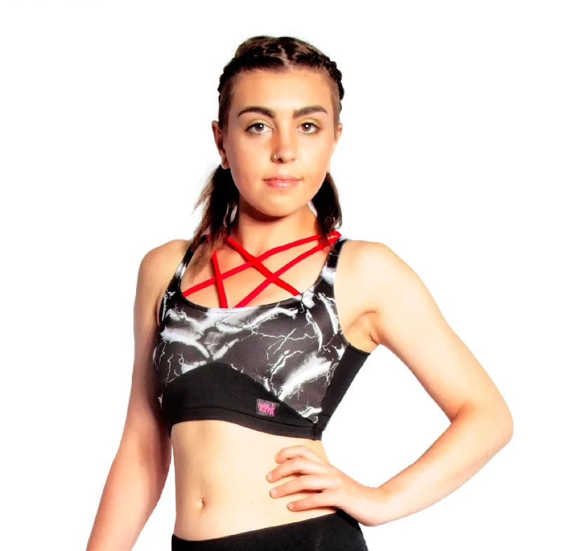 Elektra Crop Top - Black Lightning / Red Notch Collar Peter Pan Collar Cowl Neck