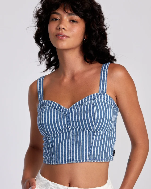 Portia Denim Crop Top - Washed Indigo Plaid Crop Top Polka Dot Checkered