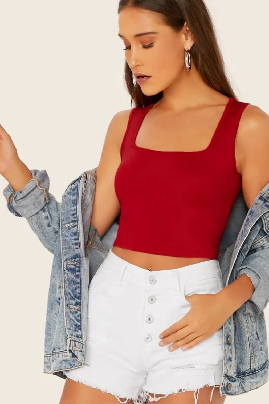 Scarlet Red Crop Top Zippered Front Buttoned Front Snap Front