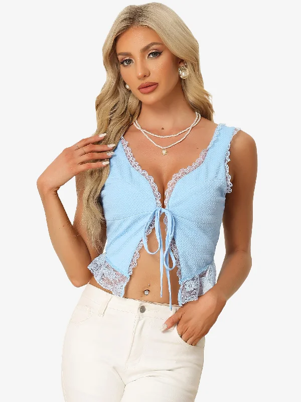 Tie Front Sleeveless Shrug V Neck Lace Trim Cami Crop Top Fleece Nylon Spandex