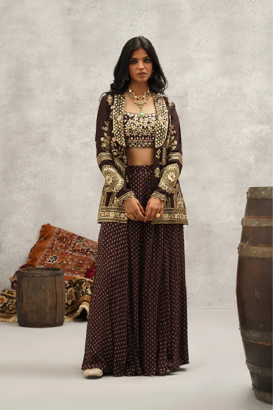 Brown Banarsi Georgette Embroidered Jacket, Crop Top And Sharara Set Collared Crop Top Boat Neck A-Line