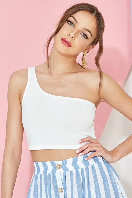 One Shoulder Sleeveless Crop Top White Front Pockets Side Pockets Patch Pockets