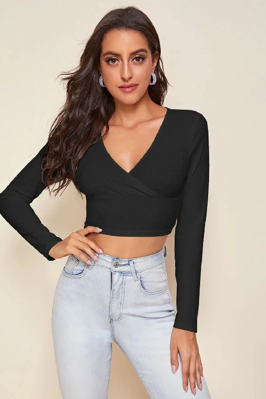 Surplice Neck Crop Top Black Ribbed Striped Patterned