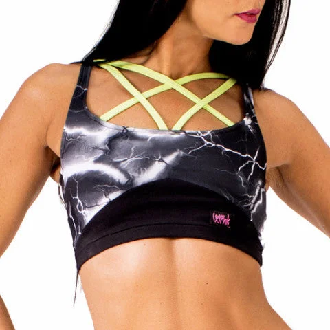 Elektra Crop Top - Black Lightning / Green Hooded Caped Shawl Collar