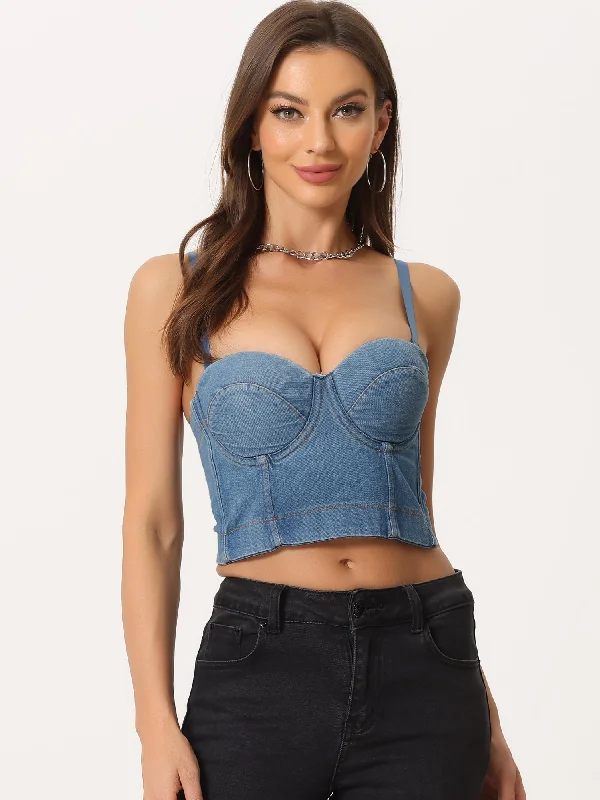 Denim Push Up Bustier Top Sleeveless Cami Jeans Crop Top Hooded Caped Shawl Collar