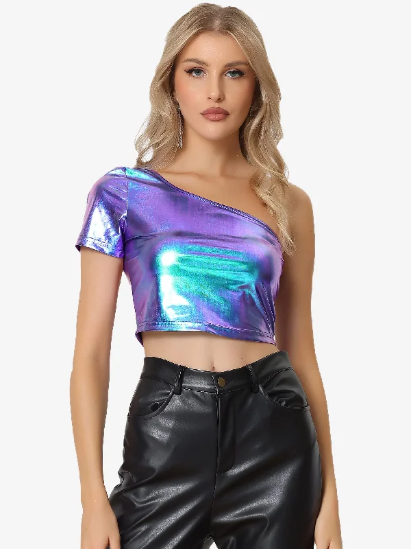 One Shoulder Shinny Holographic Clubwear Party Metallic Crop Top Elasticated Padded Insulated