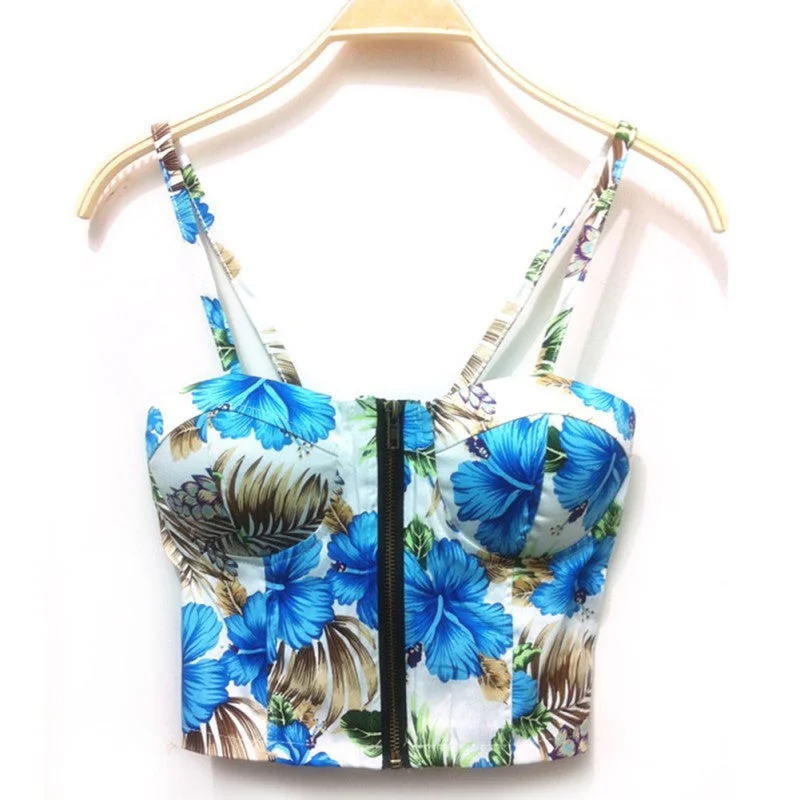 Summer Women Girls Sweet Floral Bustier Padded Zipper Crop Tank Tops Sexy Blouses vibrant tank top