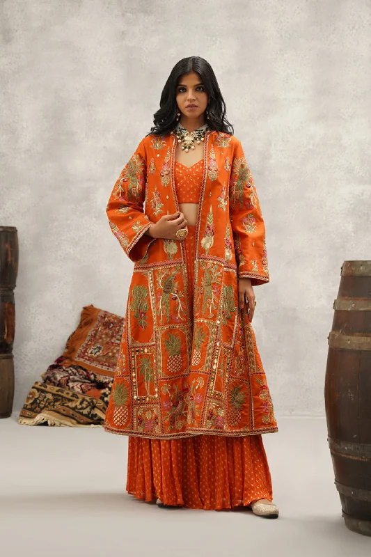 Rust Orange Embroidered Jacket, Crop Top And Sharara Set Thin Crop Top Open Front Quick Dry