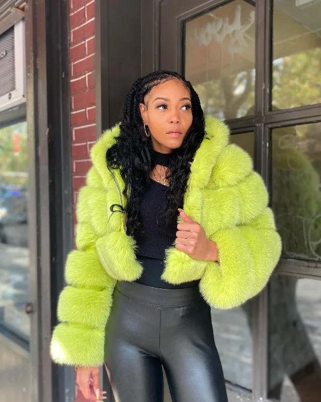 WOMEN CROP TOP- LIME GREEN FOX FUR WITH HOOD Hooded Caped Shawl Collar