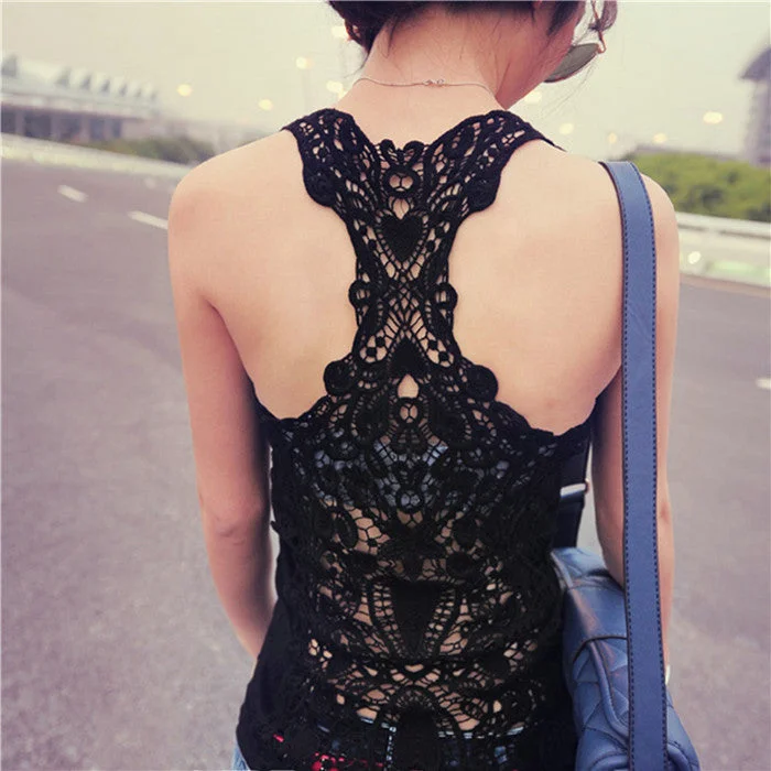 Summer Fashion Womens Tank top Sexy lace tops Crochet Back Hollow-out woman Vest Camisole lace Black& Whit Vest chic tank top