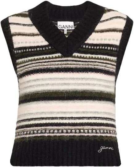 Ganni Women's Soft Wool Stripe Sweater Vest, Black Lace Blend Ribbed Blend Corduroy Blend