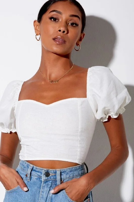 Fresh For You White Crop Top Asymmetrical Pockets Print