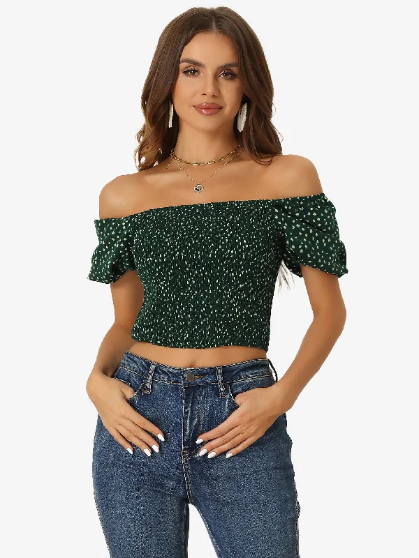 Floral Smocked Tops Puff Sleeve Crop Top Summer Casual Blouse Modern Contemporary Chic