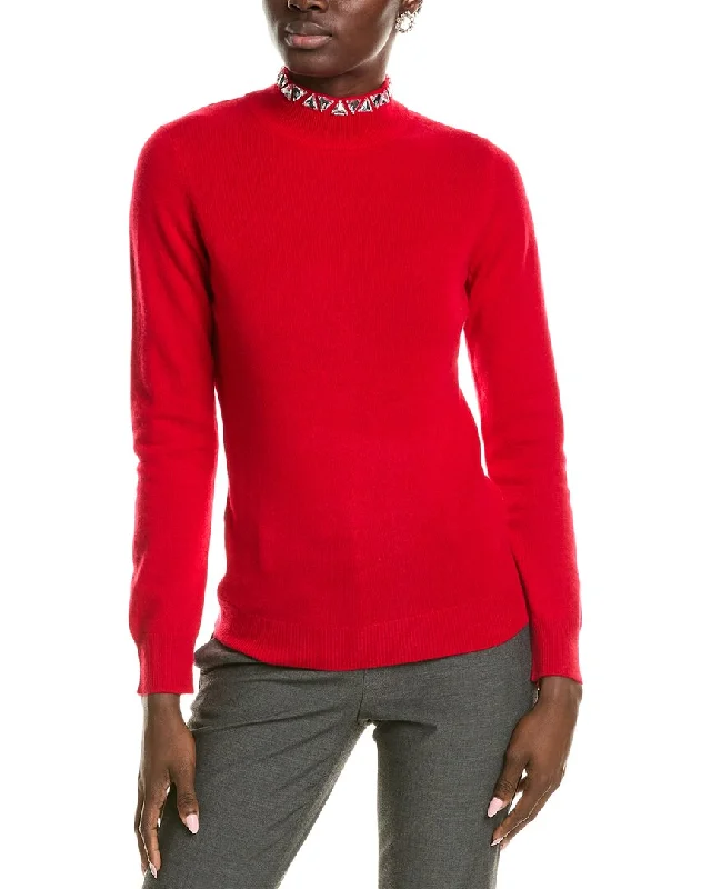 Sofiacashmere Stone Trim Turtleneck Cashmere Sweater Solid Color Striped Floral Print