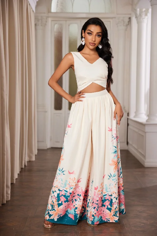 IVORY FLORAL SLEEVELESS CROP TOP AND WIDE FLARE LEG PANTS SET CS33148 Front Pockets Side Pockets Patch Pockets